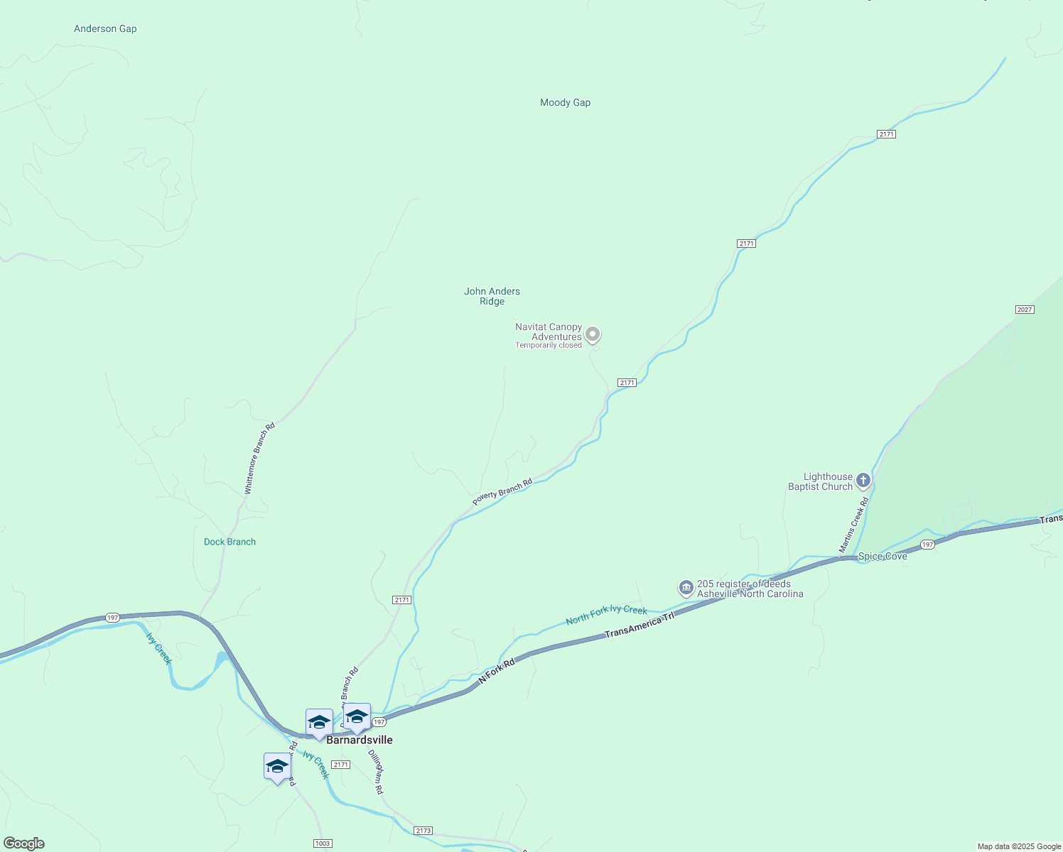map of restaurants, bars, coffee shops, grocery stores, and more near 74 Ebens Cove in Barnardsville