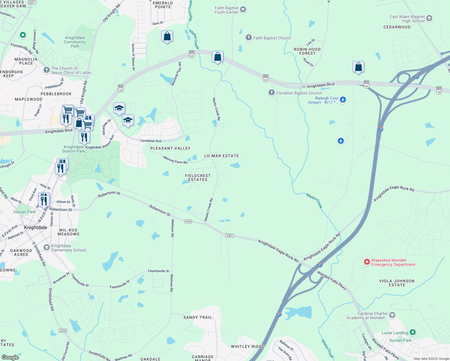 map of restaurants, bars, coffee shops, grocery stores, and more near 2136 Marks Creek Road in Knightdale