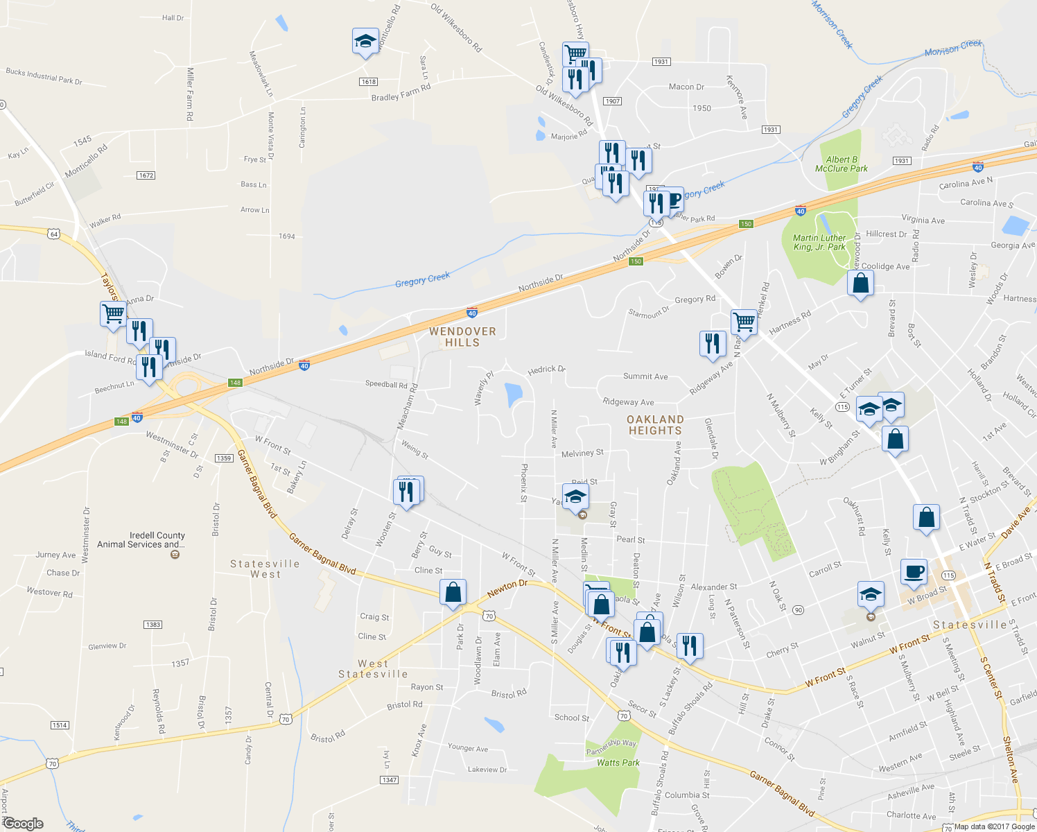 map of restaurants, bars, coffee shops, grocery stores, and more near 821 Wendover Road in Statesville