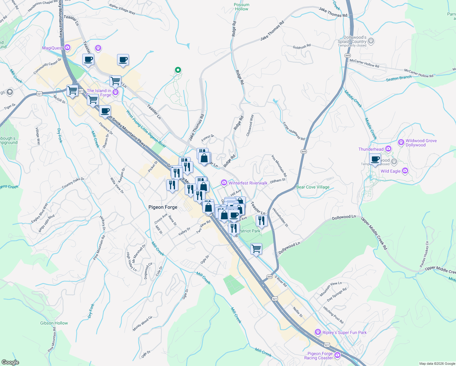 map of restaurants, bars, coffee shops, grocery stores, and more near 419 Ashley Avenue in Pigeon Forge