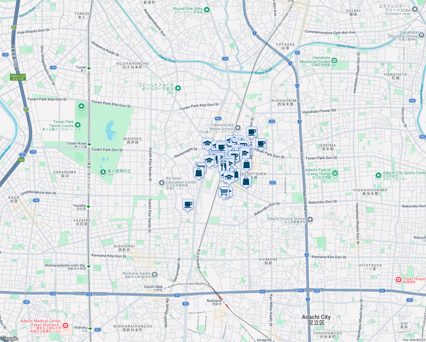 map of restaurants, bars, coffee shops, grocery stores, and more near in Adachi City