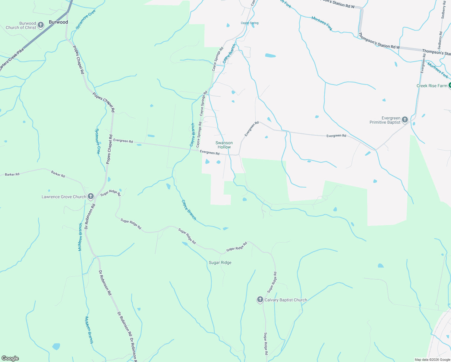 map of restaurants, bars, coffee shops, grocery stores, and more near 1909 Evergreen Road in Thompson's Station