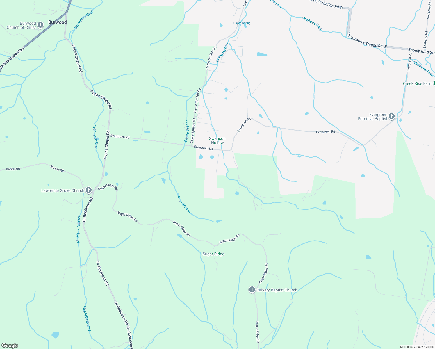 map of restaurants, bars, coffee shops, grocery stores, and more near 1909 Evergreen Road in Thompson's Station