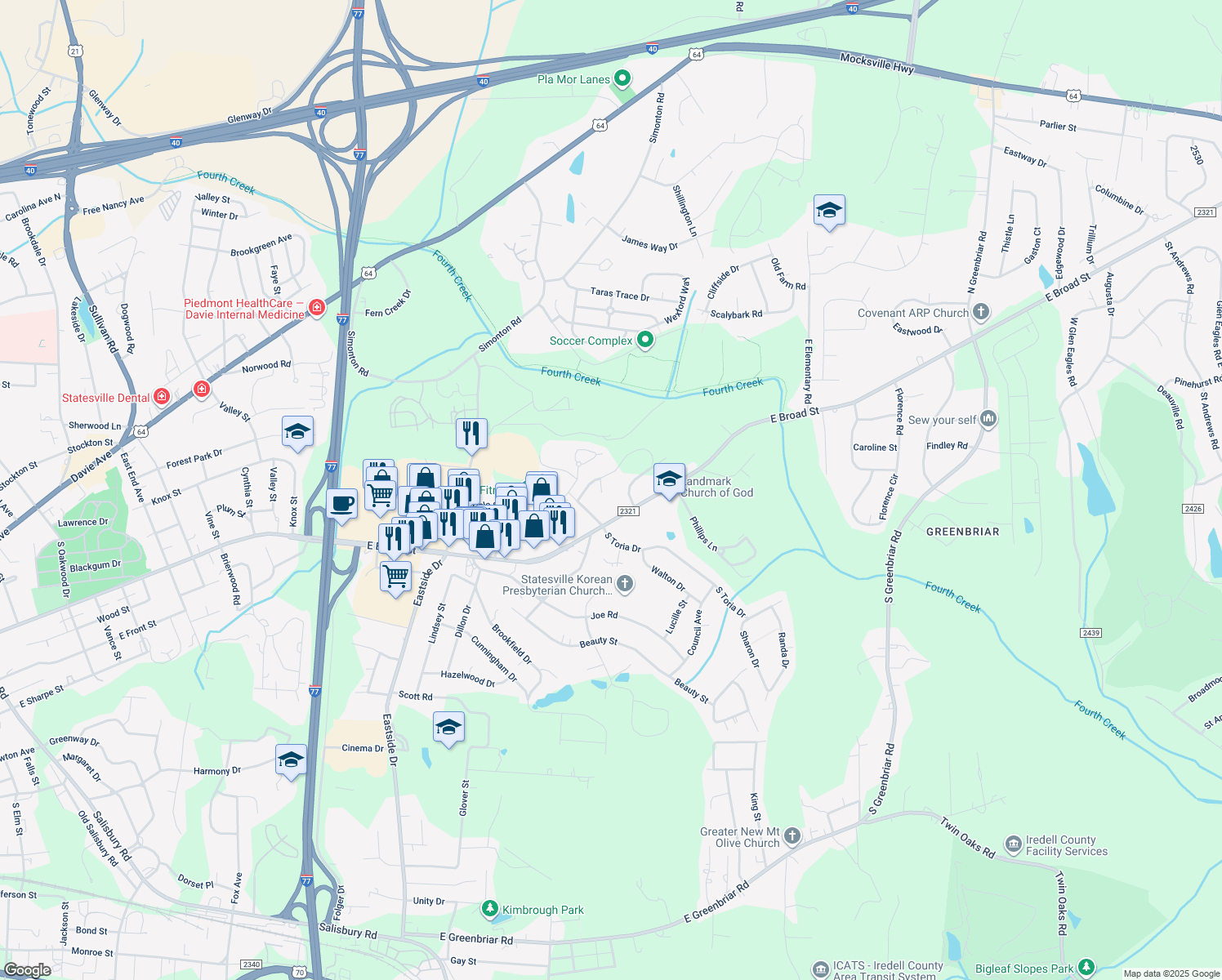 map of restaurants, bars, coffee shops, grocery stores, and more near 120 Saint James Place in Statesville