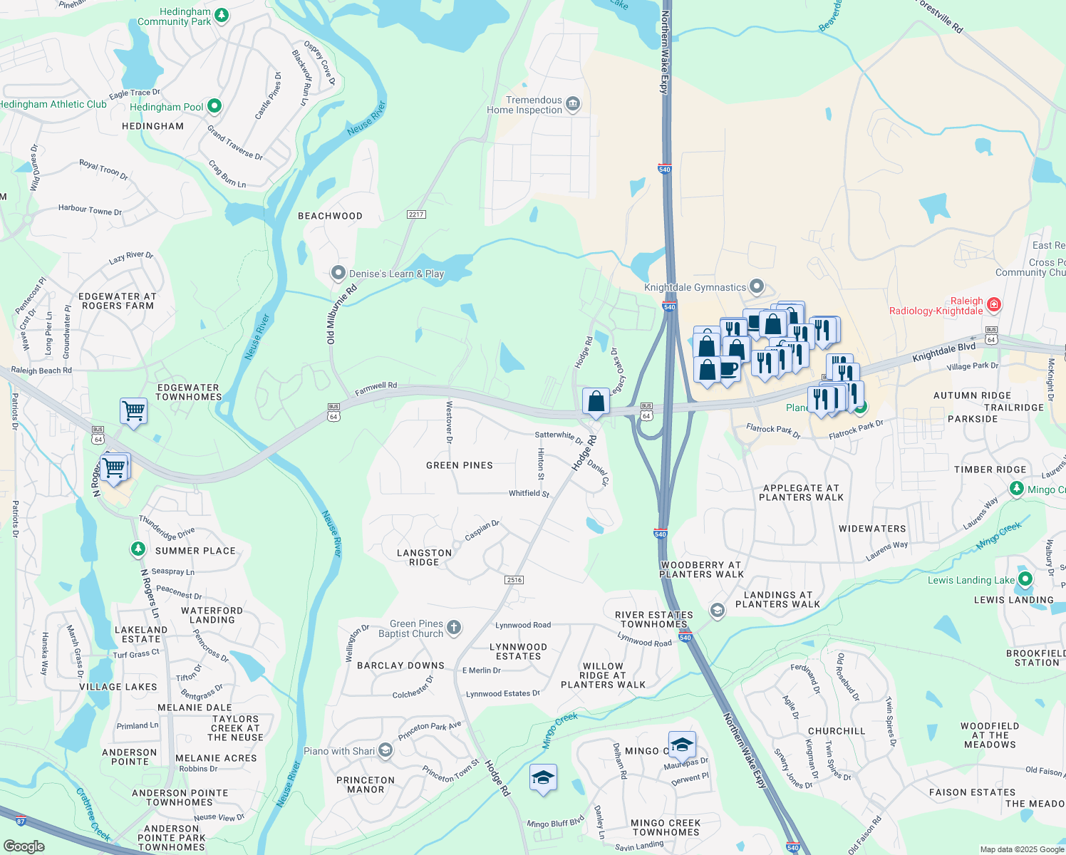 map of restaurants, bars, coffee shops, grocery stores, and more near 200 Satterwhite Dr in Knightdale