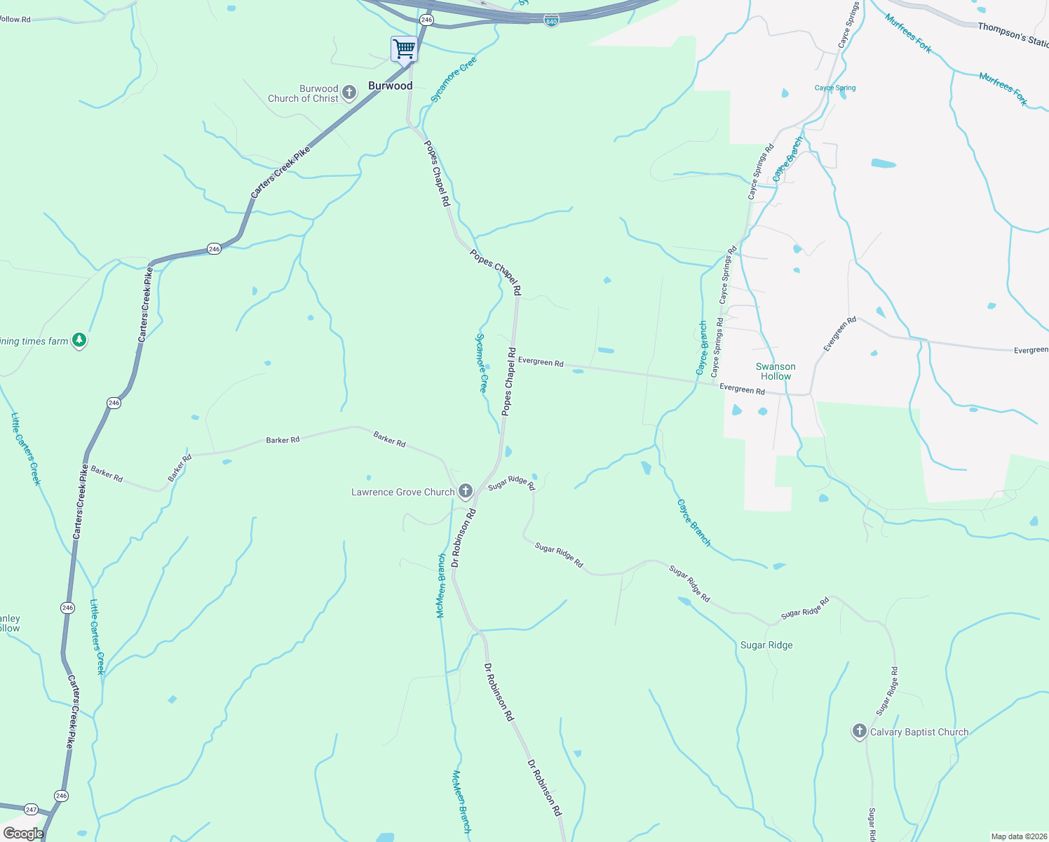 map of restaurants, bars, coffee shops, grocery stores, and more near 1826 Popes Chapel Road in Thompson's Station