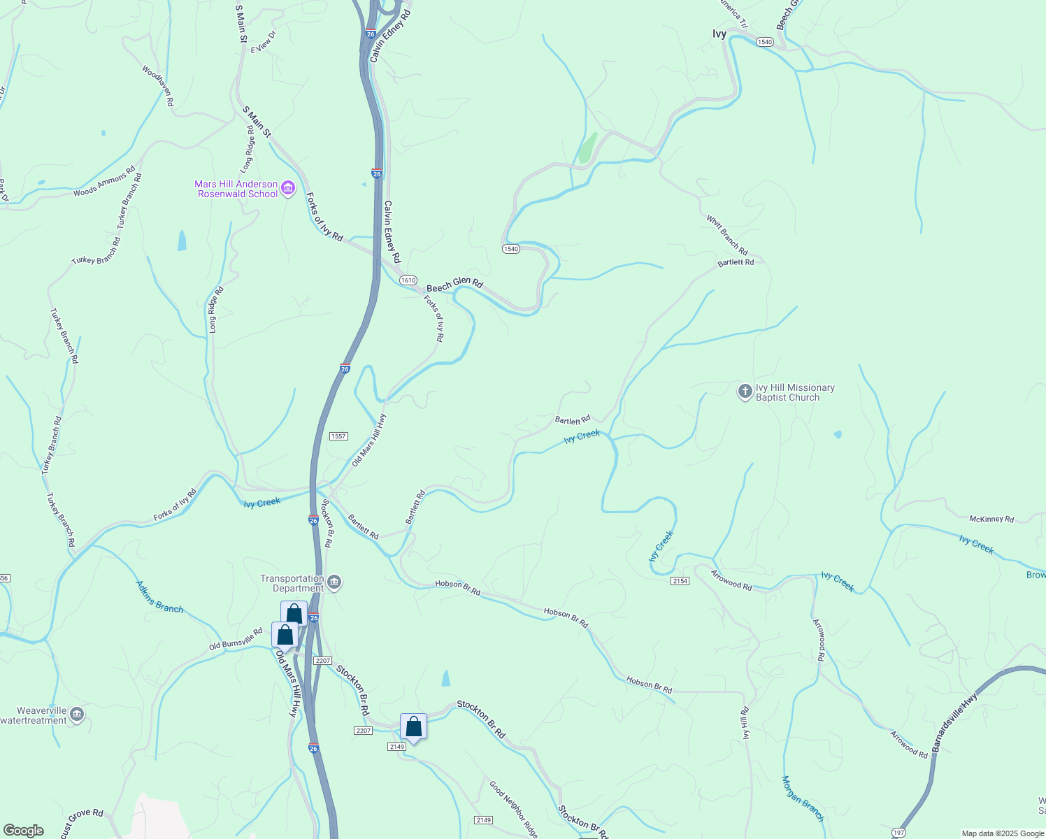 map of restaurants, bars, coffee shops, grocery stores, and more near 233 Bartlett Road in Weaverville