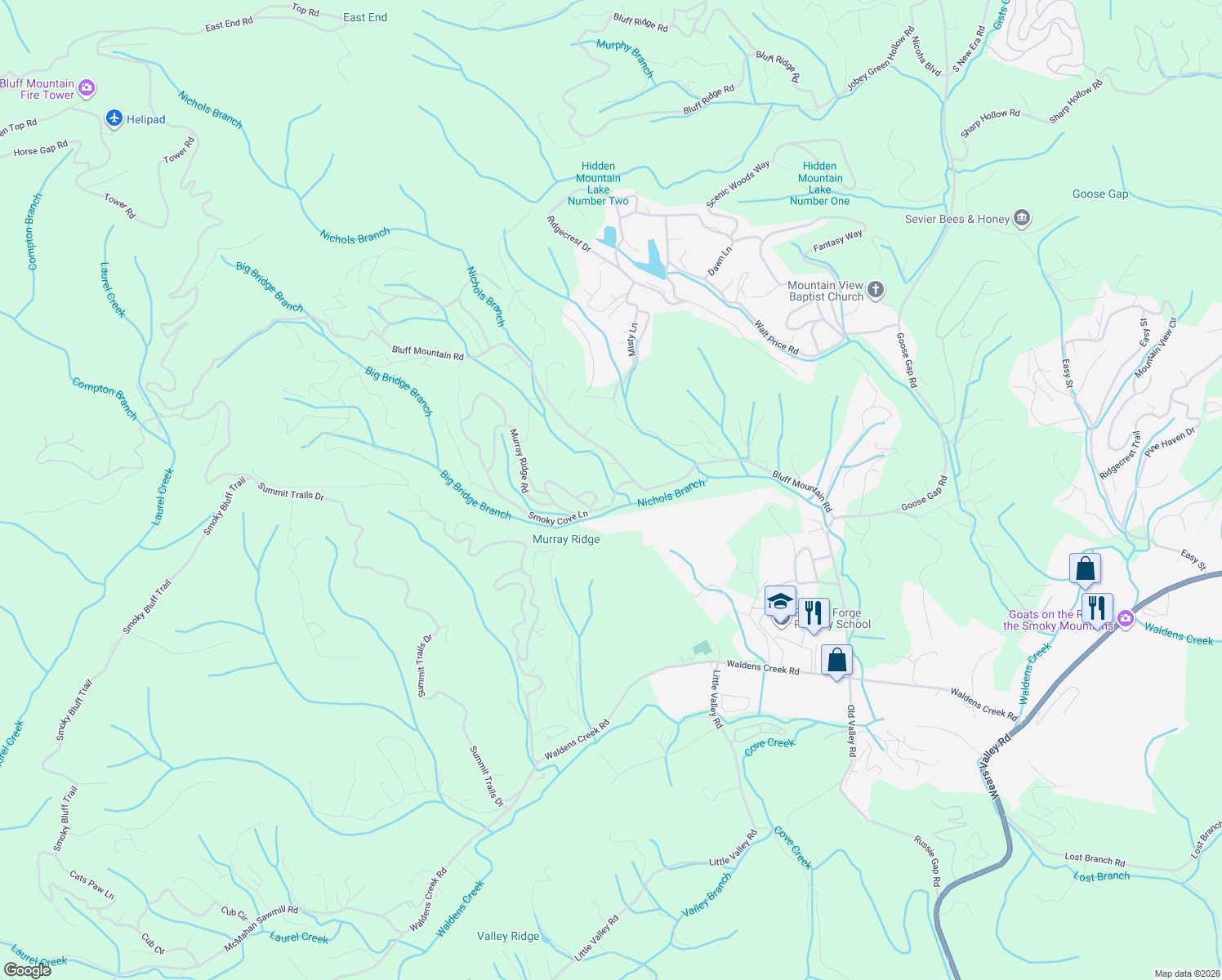 map of restaurants, bars, coffee shops, grocery stores, and more near 1802 Bluff Mountain Road in Sevierville