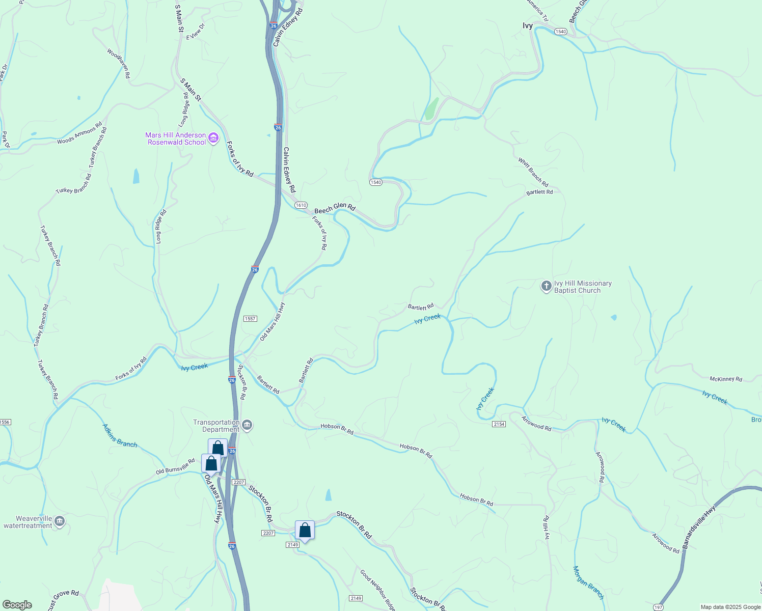 map of restaurants, bars, coffee shops, grocery stores, and more near 233 Bartlett Road in Weaverville