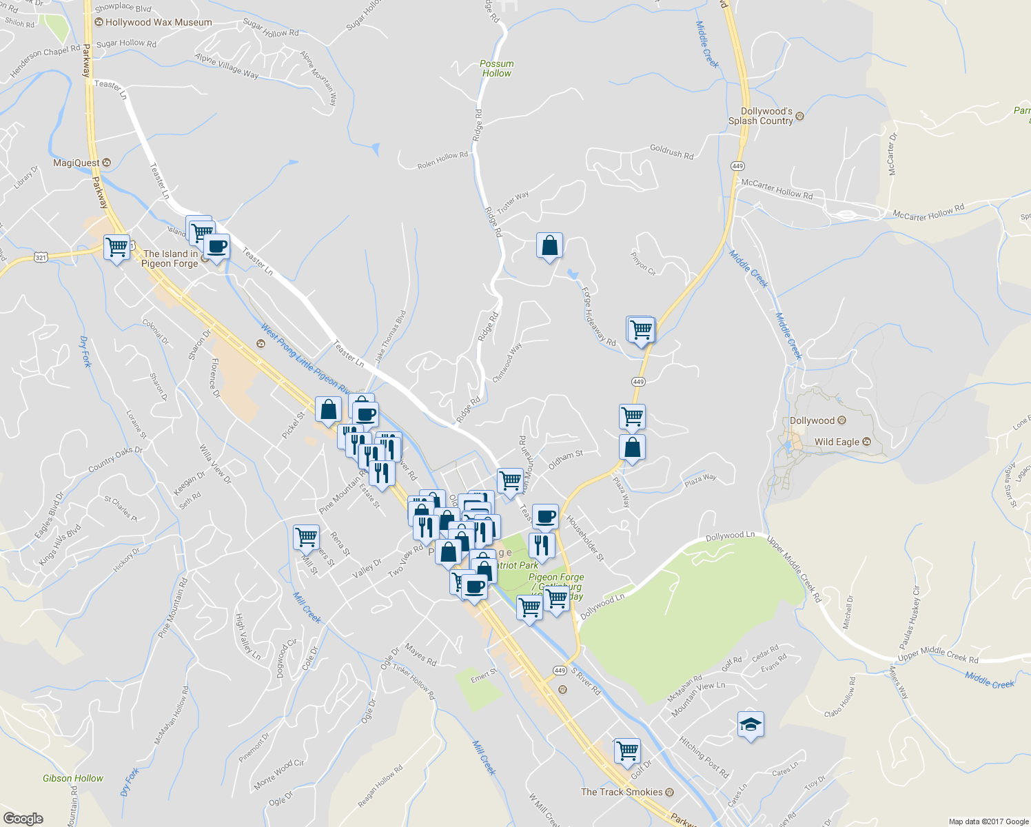 map of restaurants, bars, coffee shops, grocery stores, and more near 621 Iron Mountain Road in Pigeon Forge