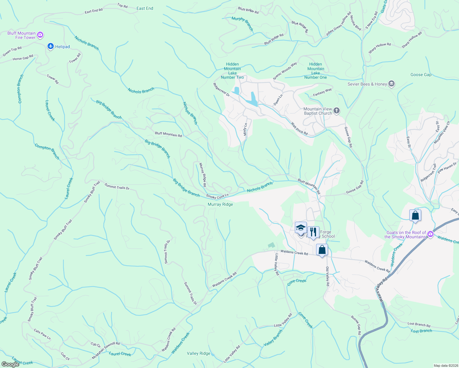 map of restaurants, bars, coffee shops, grocery stores, and more near 2118 Jeans Way in Sevierville