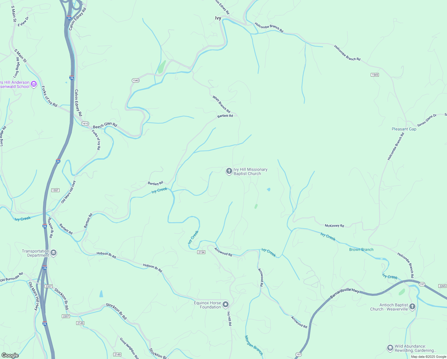 map of restaurants, bars, coffee shops, grocery stores, and more near 125 Ivy Meadows Drive in Weaverville