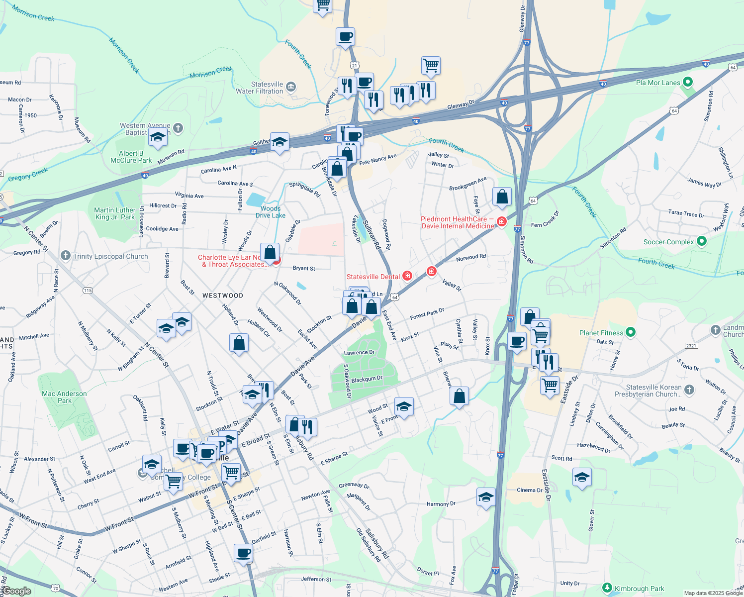 map of restaurants, bars, coffee shops, grocery stores, and more near 948 Sherwood Lane in Statesville