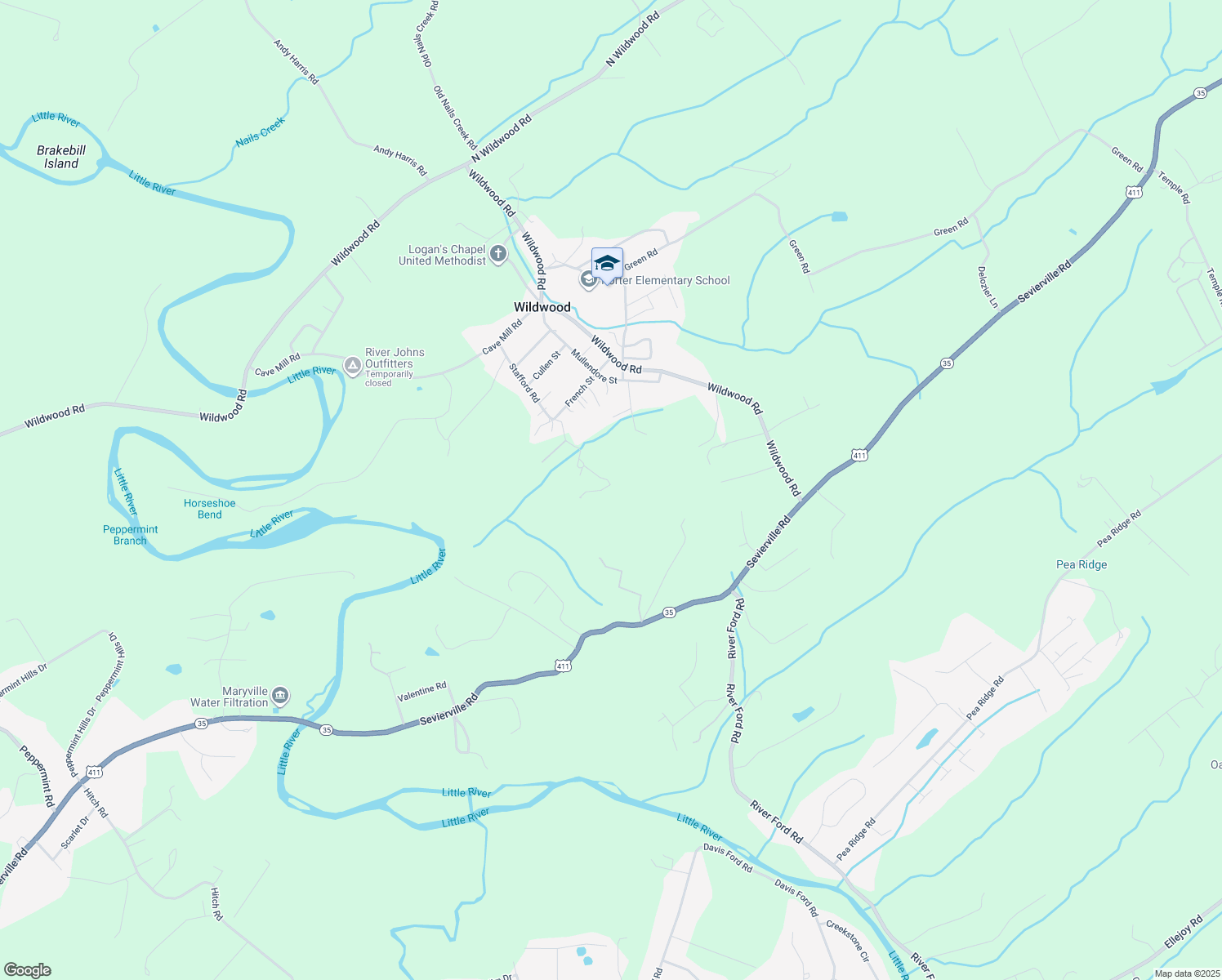 map of restaurants, bars, coffee shops, grocery stores, and more near 4453 Stafford Road in Maryville