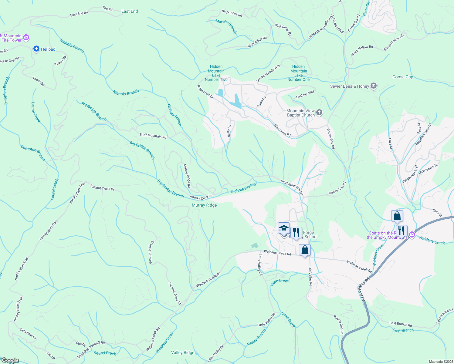 map of restaurants, bars, coffee shops, grocery stores, and more near 1802 Bluff Mountain Road in Sevierville