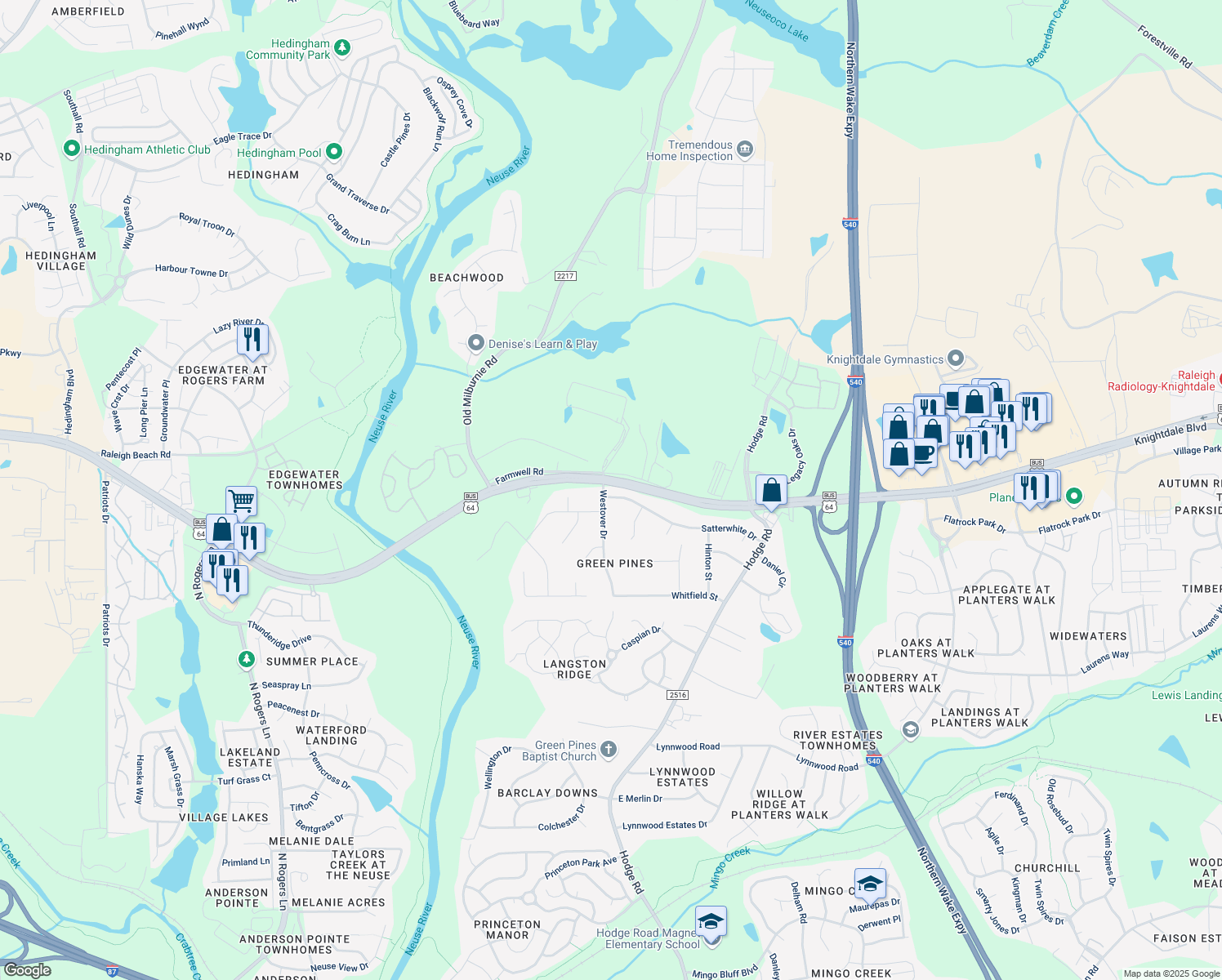 map of restaurants, bars, coffee shops, grocery stores, and more near 412 Satterwhite Dr in Knightdale