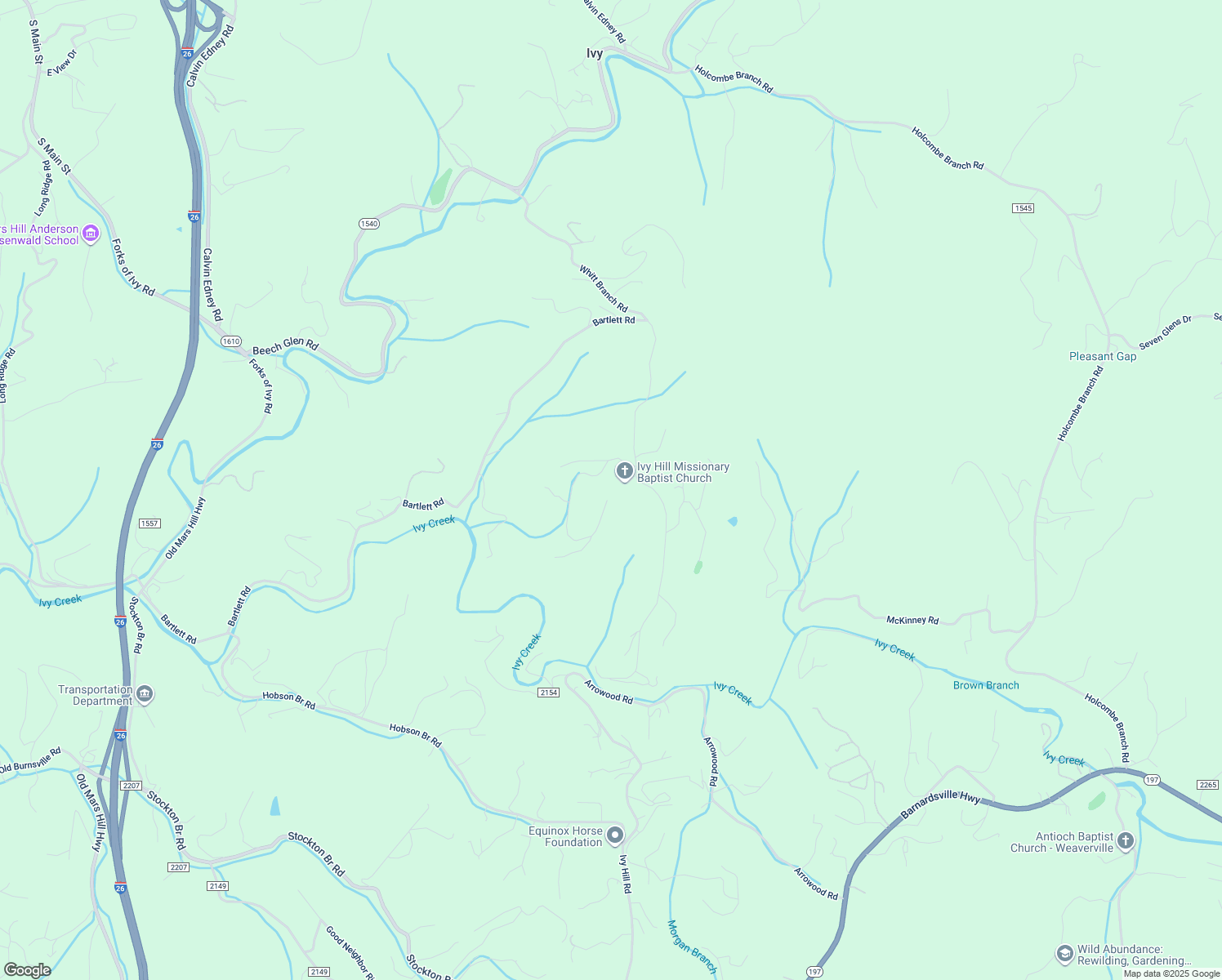 map of restaurants, bars, coffee shops, grocery stores, and more near 125 Ivy Meadows Drive in Weaverville