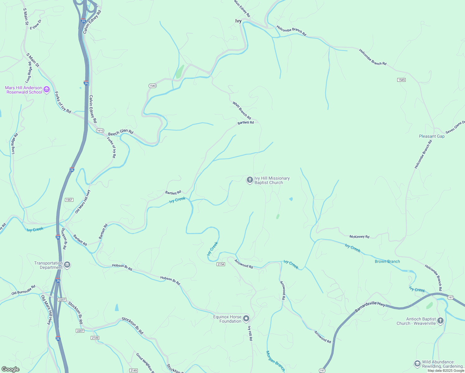 map of restaurants, bars, coffee shops, grocery stores, and more near 32 Ivy Meadows Drive in Weaverville