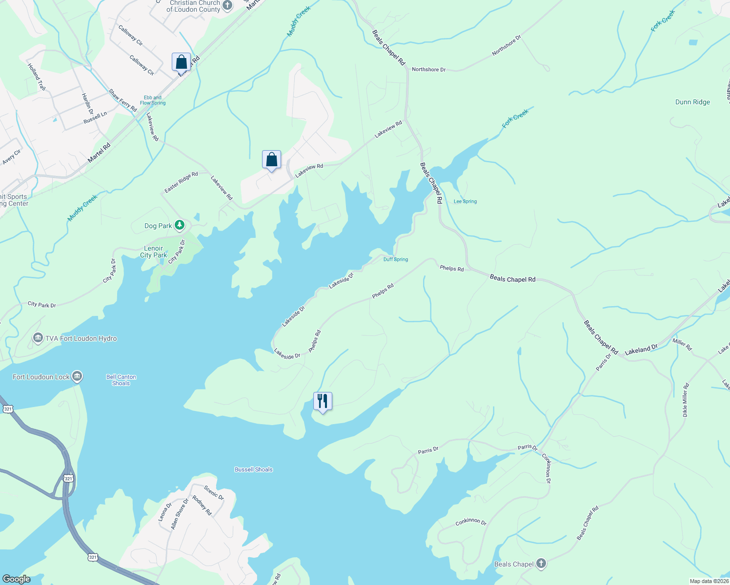 map of restaurants, bars, coffee shops, grocery stores, and more near 1031 Phelps Road in Lenoir City