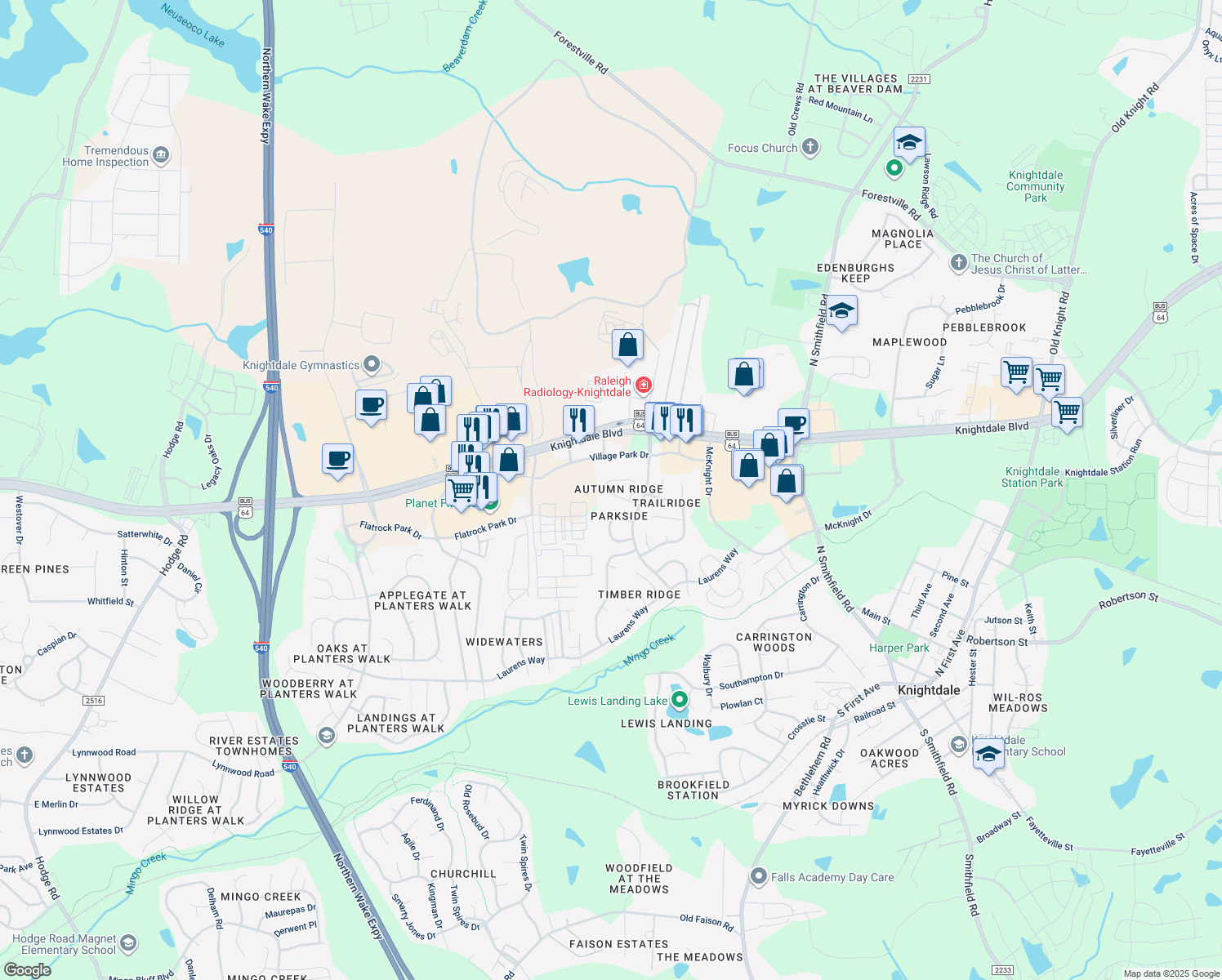 map of restaurants, bars, coffee shops, grocery stores, and more near 112 Autumn Ridge Drive in Knightdale