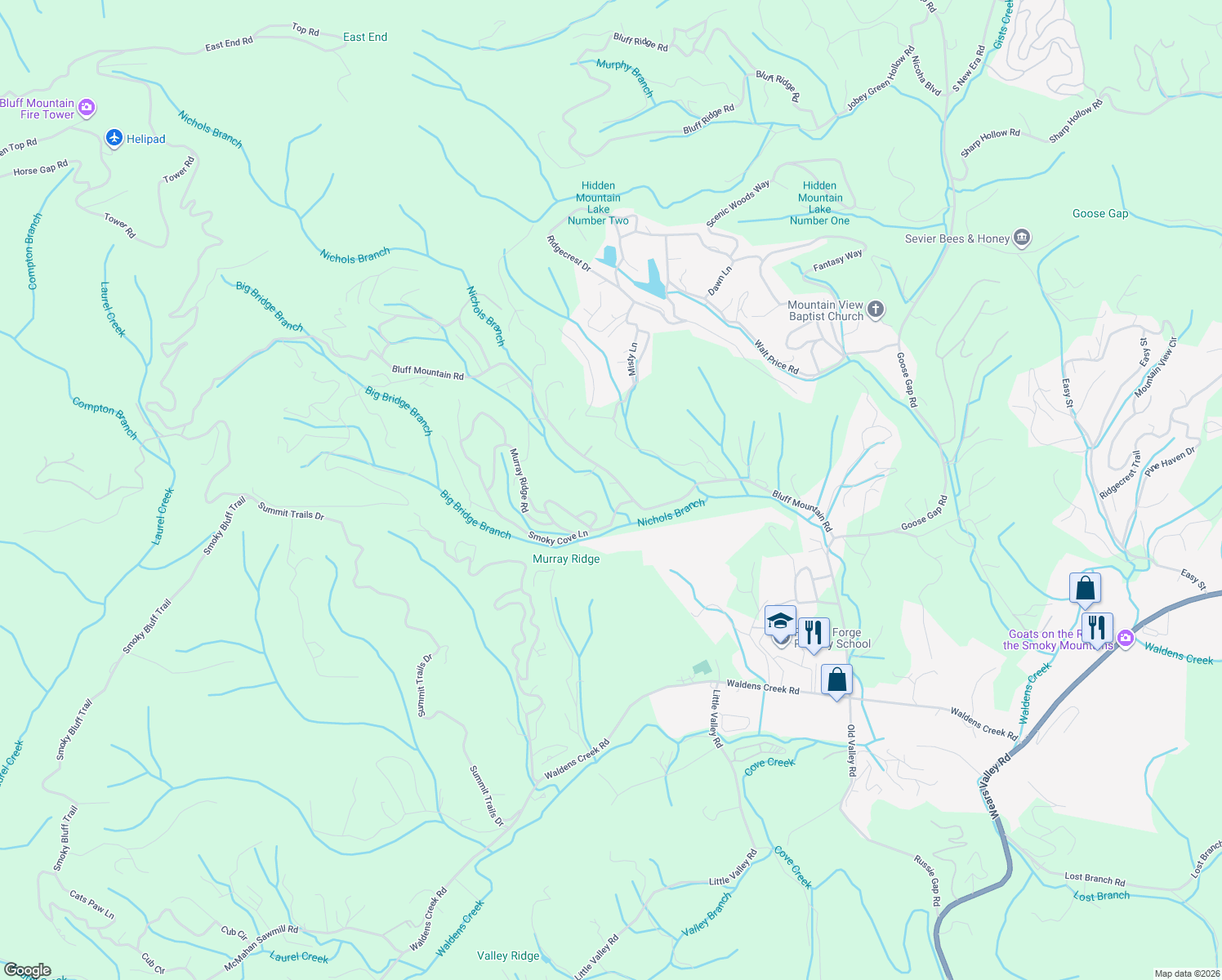 map of restaurants, bars, coffee shops, grocery stores, and more near 1802 Bluff Mountain Road in Sevierville