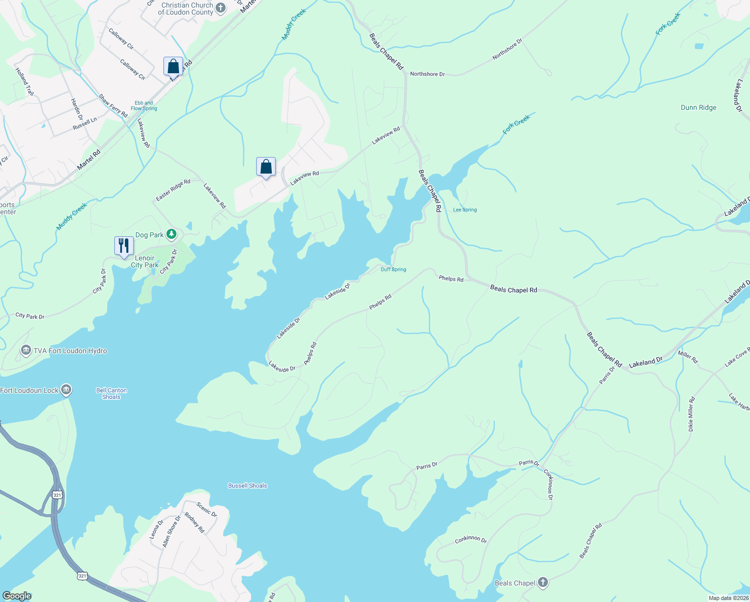 map of restaurants, bars, coffee shops, grocery stores, and more near 1031 Phelps Road in Lenoir City
