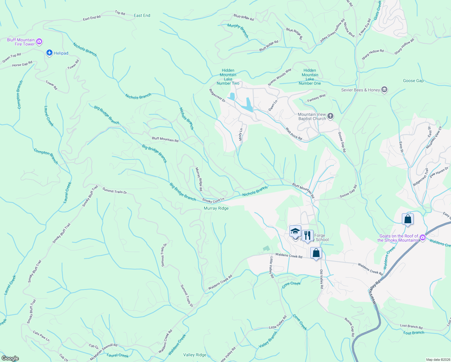 map of restaurants, bars, coffee shops, grocery stores, and more near 2118 Jeans Way in Sevierville
