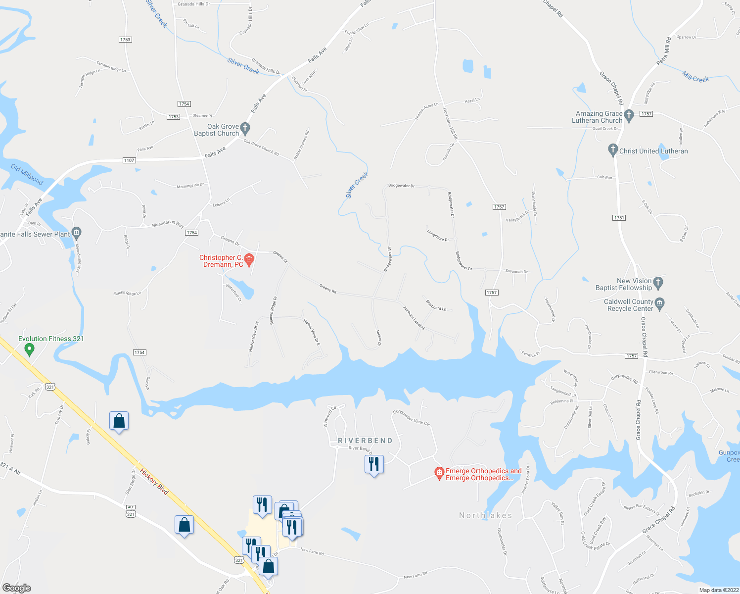 map of restaurants, bars, coffee shops, grocery stores, and more near 183 Greens Road in Granite Falls