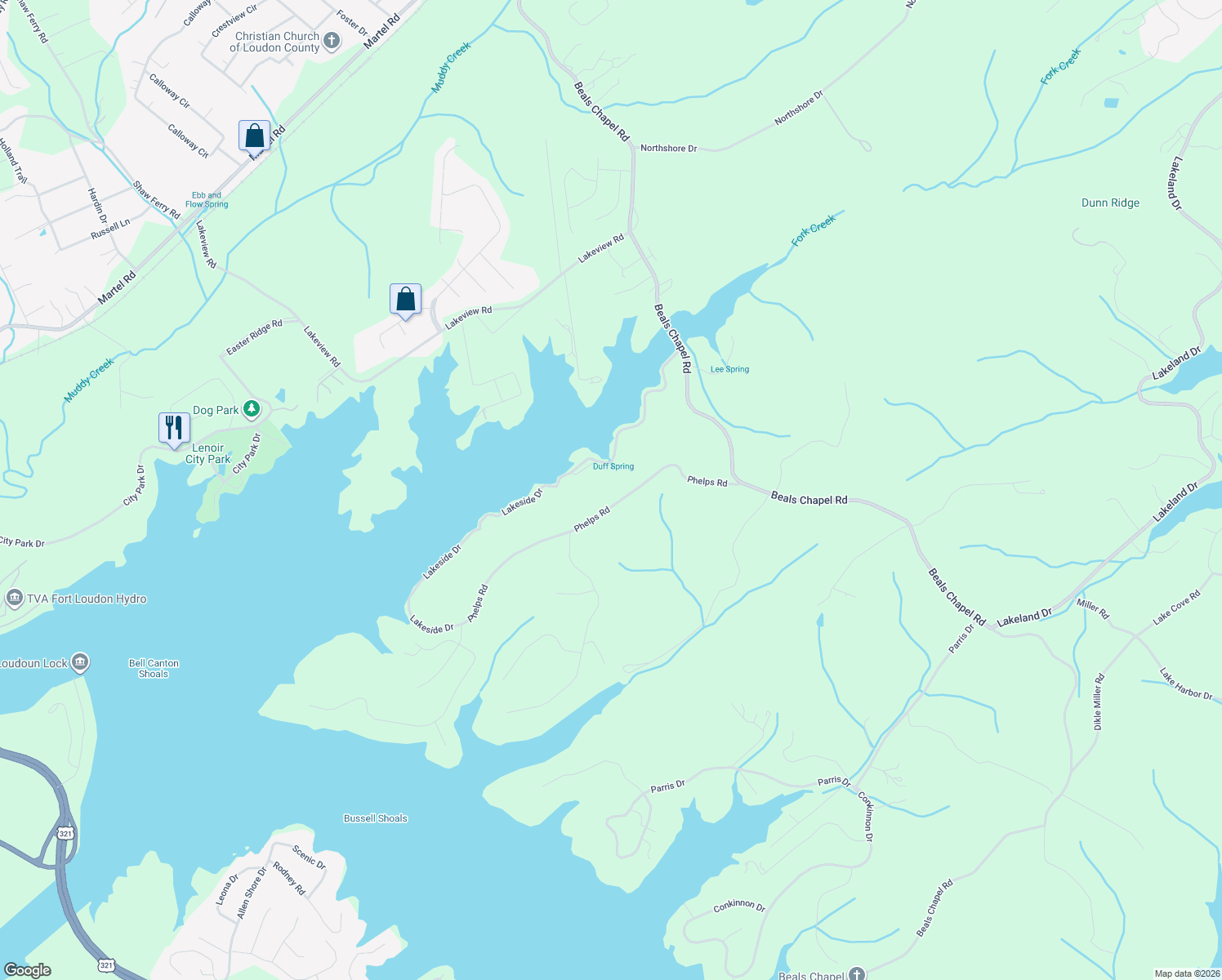map of restaurants, bars, coffee shops, grocery stores, and more near 1965 Lakeside Drive in Lenoir City