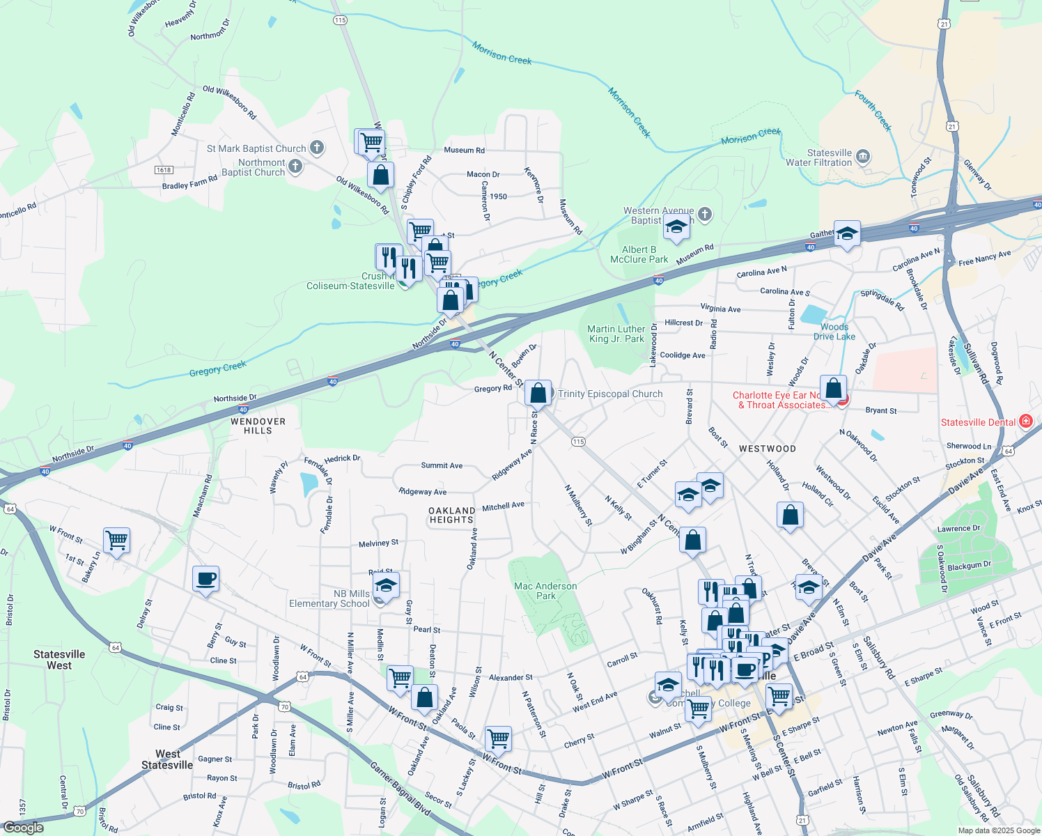 map of restaurants, bars, coffee shops, grocery stores, and more near Hatchery Lane in Statesville