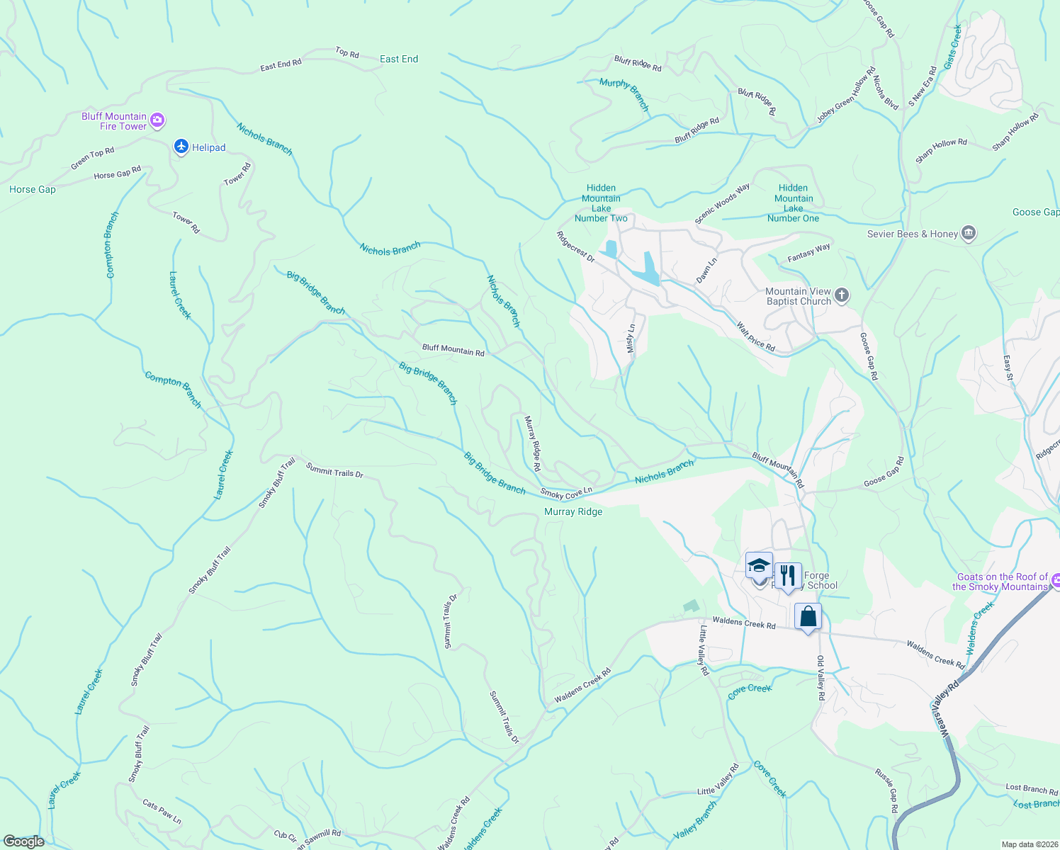 map of restaurants, bars, coffee shops, grocery stores, and more near 2755 Murray Ridge Road in Sevierville