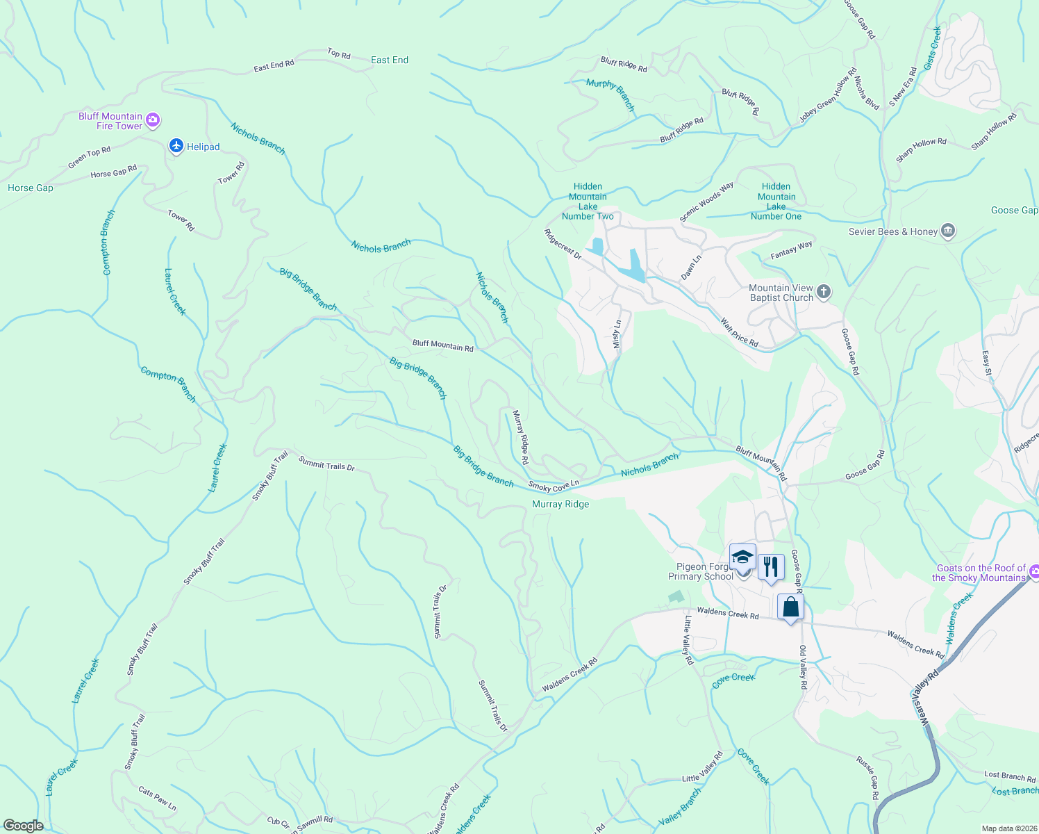 map of restaurants, bars, coffee shops, grocery stores, and more near 2755 Murray Ridge Road in Sevierville