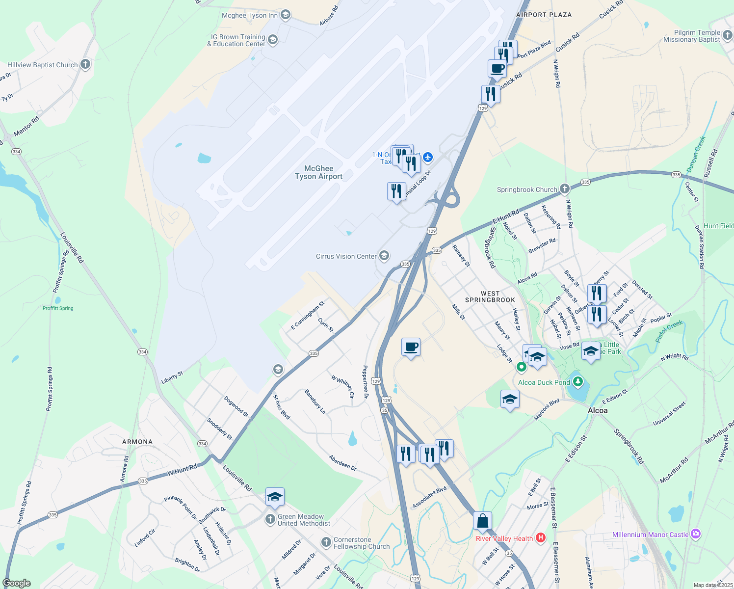 map of restaurants, bars, coffee shops, grocery stores, and more near Flagship Knoxville Dr in Alcoa