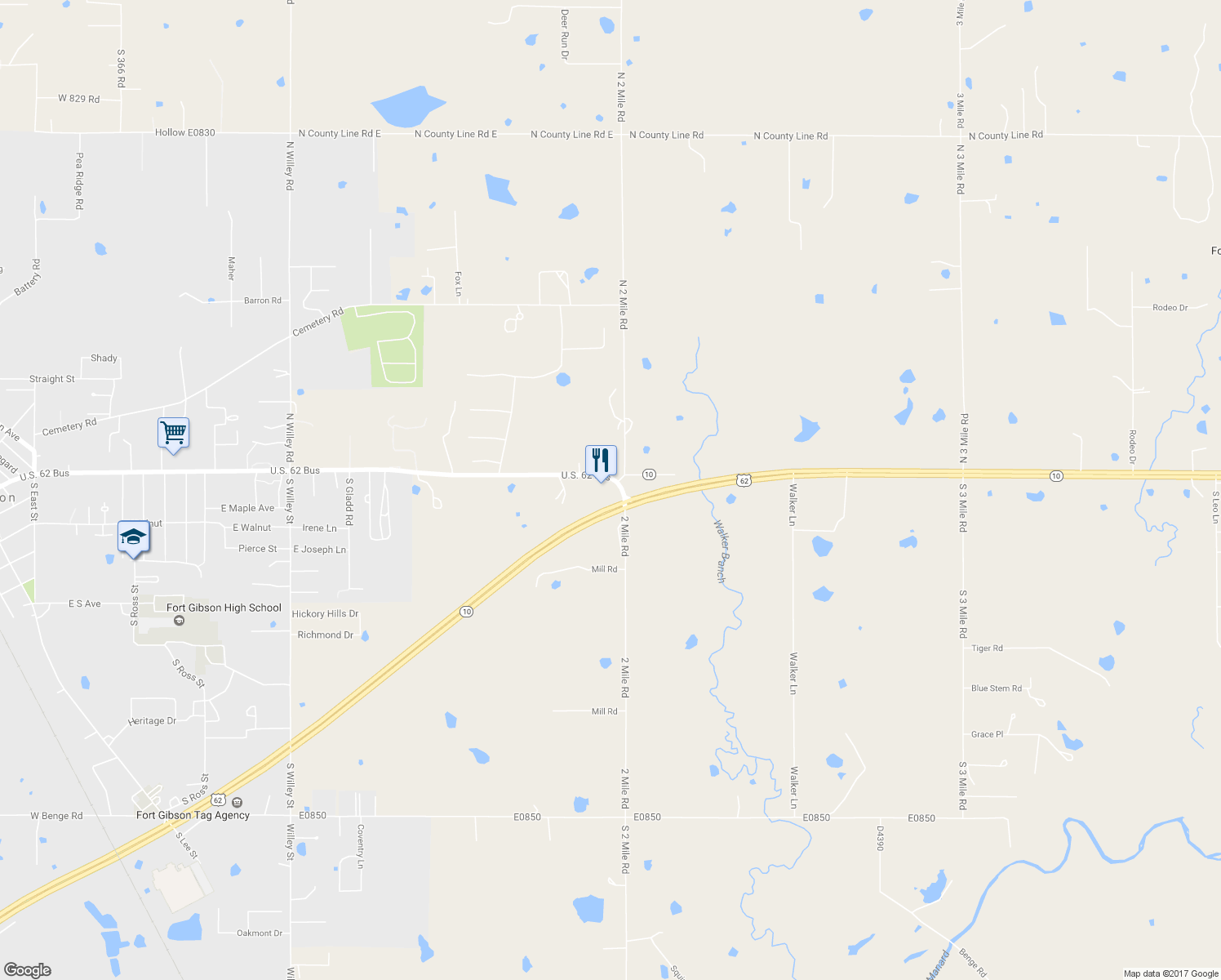 map of restaurants, bars, coffee shops, grocery stores, and more near 1491 East Poplar Street in Fort Gibson