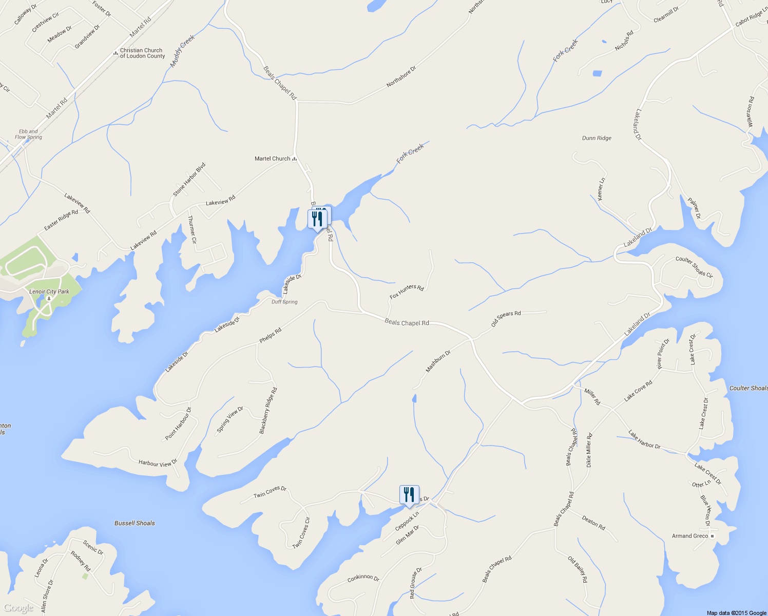 map of restaurants, bars, coffee shops, grocery stores, and more near 175A Fox Hunters Road in Lenoir City