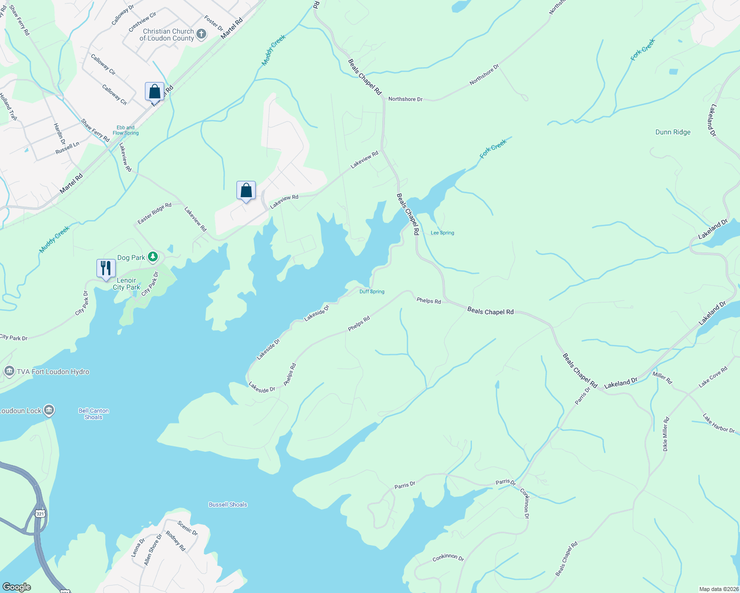 map of restaurants, bars, coffee shops, grocery stores, and more near 1965 Lakeside Drive in Lenoir City
