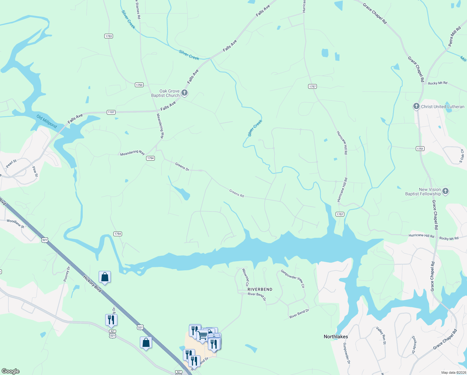 map of restaurants, bars, coffee shops, grocery stores, and more near 131 Greens Road in Granite Falls
