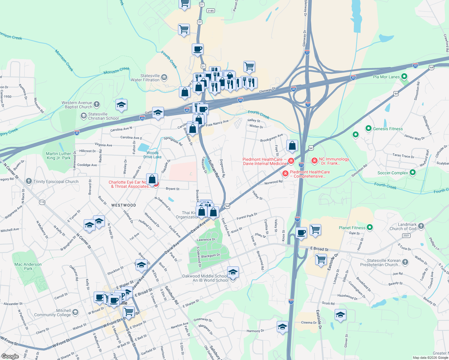 map of restaurants, bars, coffee shops, grocery stores, and more near 490 Sullivan Road in Statesville