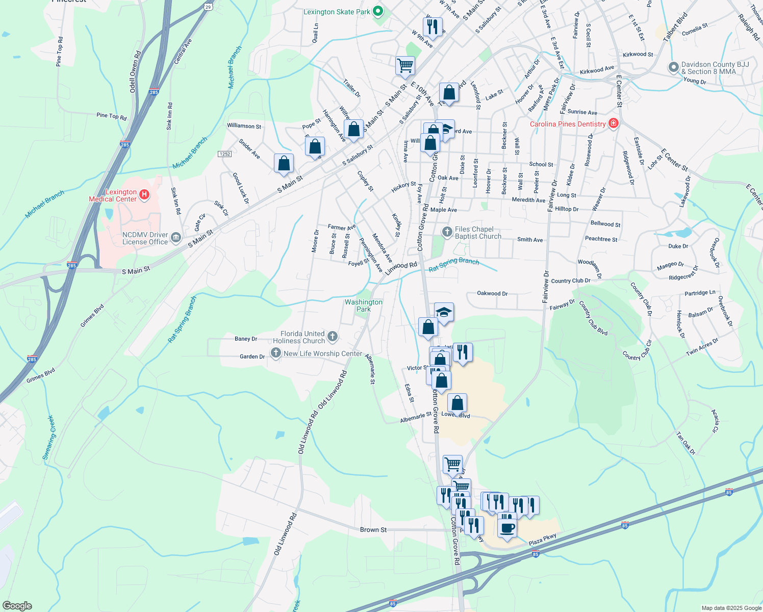 map of restaurants, bars, coffee shops, grocery stores, and more near 606 South Pennington Avenue in Lexington