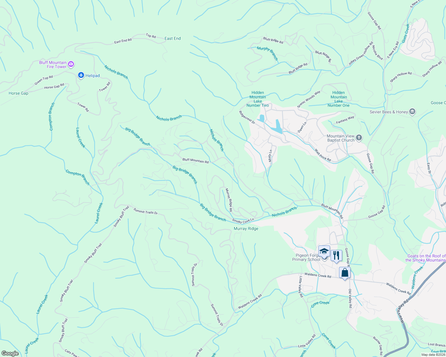 map of restaurants, bars, coffee shops, grocery stores, and more near 2769 Murray Ridge Road in Sevierville