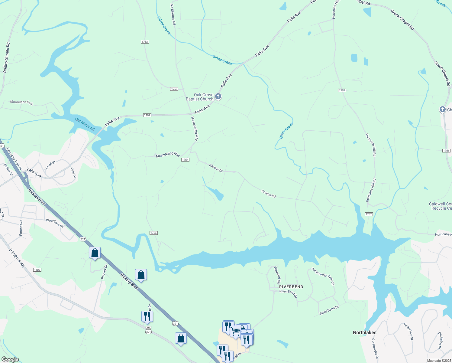 map of restaurants, bars, coffee shops, grocery stores, and more near 17 Mallard Court in Granite Falls