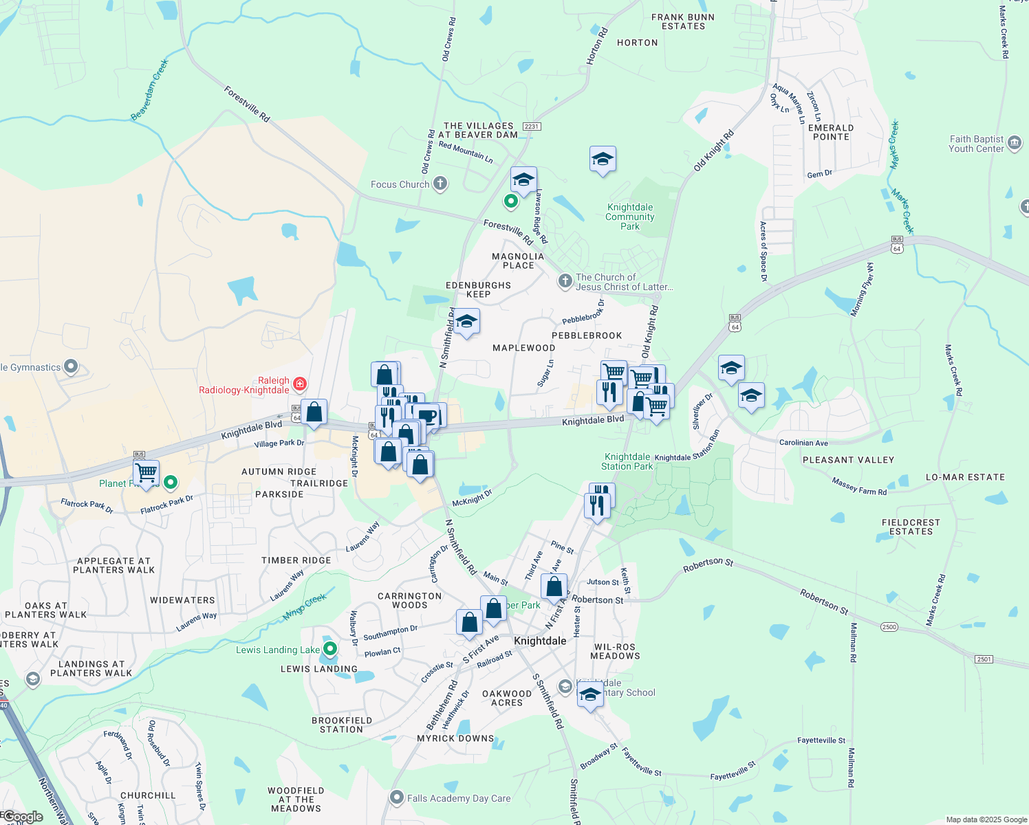 map of restaurants, bars, coffee shops, grocery stores, and more near 92 Maplewood Dr in Knightdale