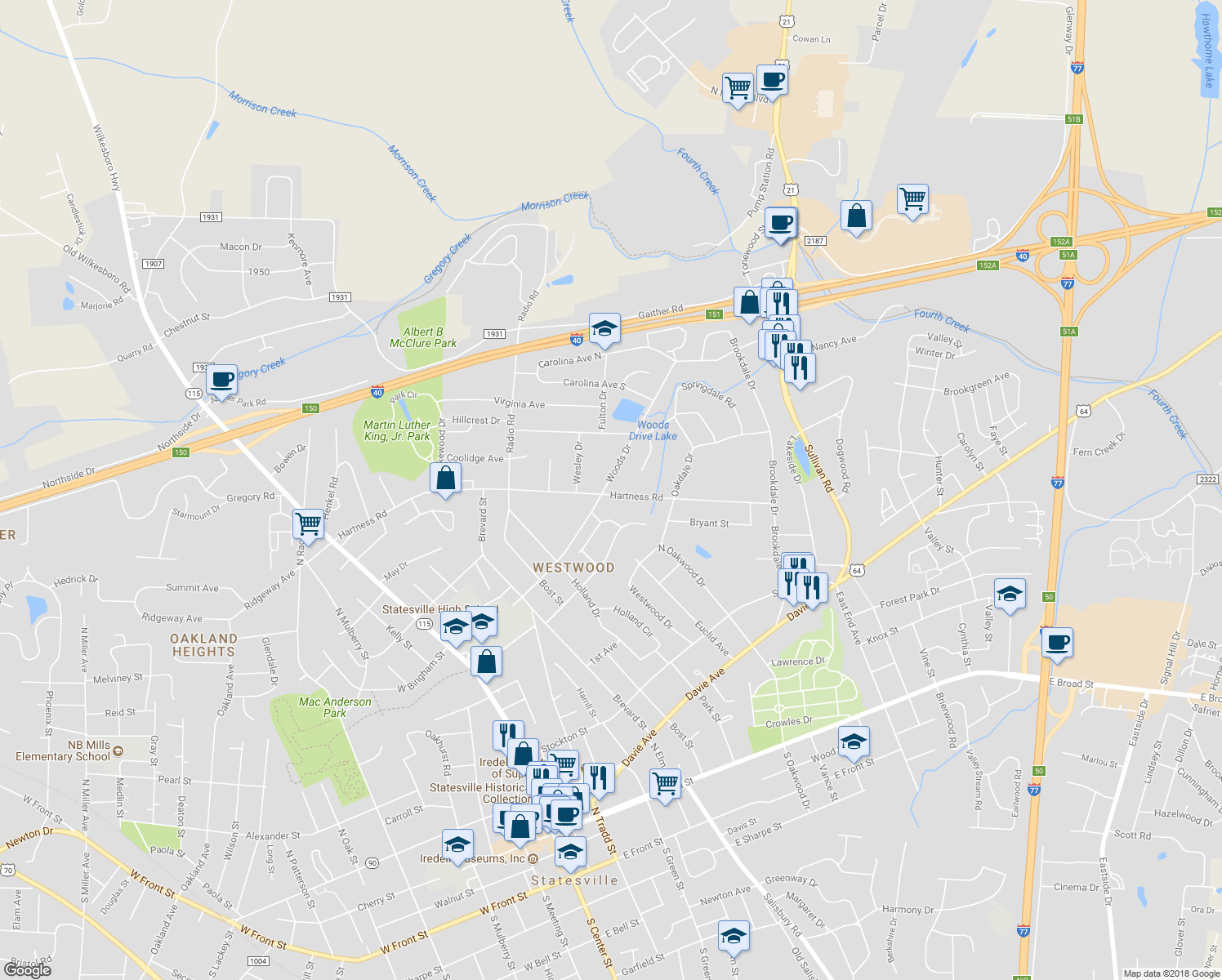 map of restaurants, bars, coffee shops, grocery stores, and more near 804 Woods Drive in Statesville