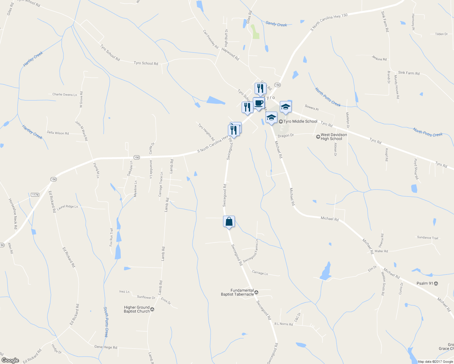 map of restaurants, bars, coffee shops, grocery stores, and more near 224 Creekview Lane in Linwood