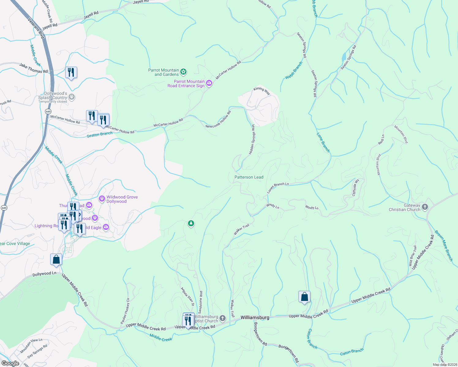 map of restaurants, bars, coffee shops, grocery stores, and more near 1985 Starr Ridge Drive in Sevierville