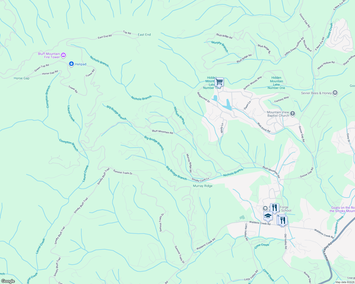 map of restaurants, bars, coffee shops, grocery stores, and more near 2802 Mary Ridge Farm Road in Sevierville