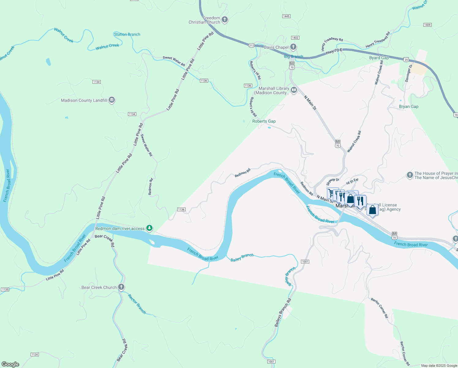 map of restaurants, bars, coffee shops, grocery stores, and more near 739 Redmon Rd in Marshall