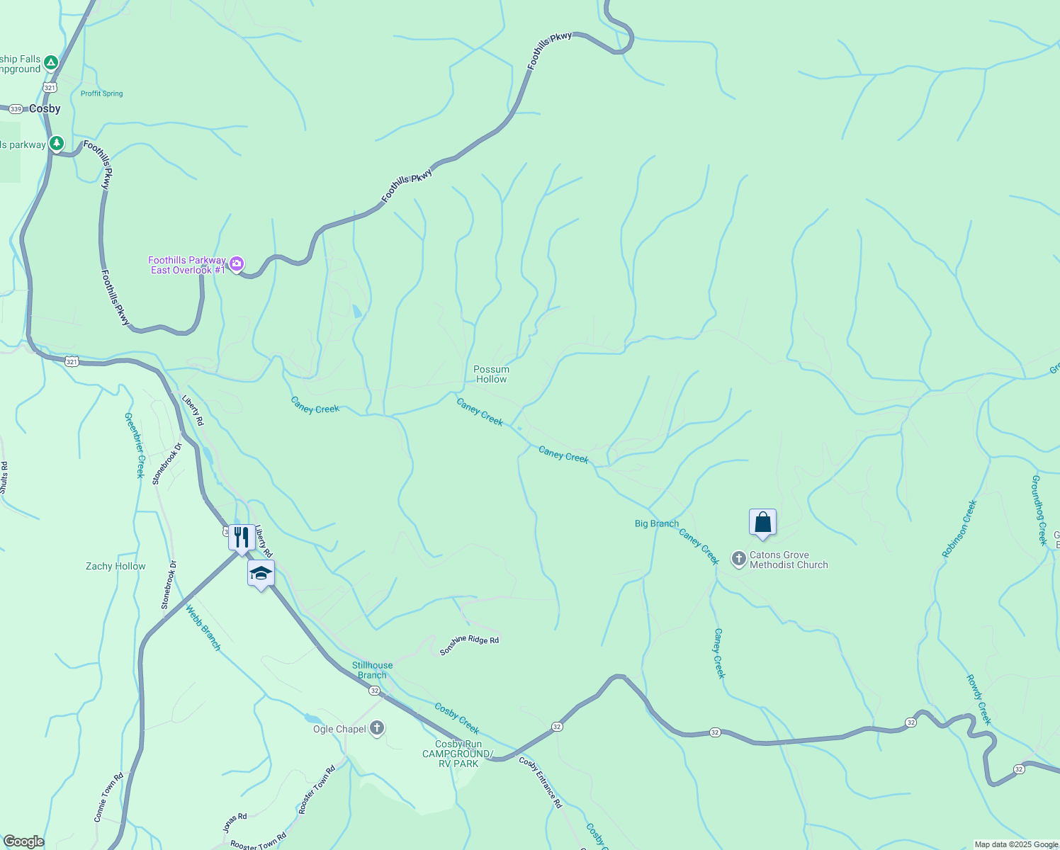 map of restaurants, bars, coffee shops, grocery stores, and more near 422 Caney Creek Road in Cosby