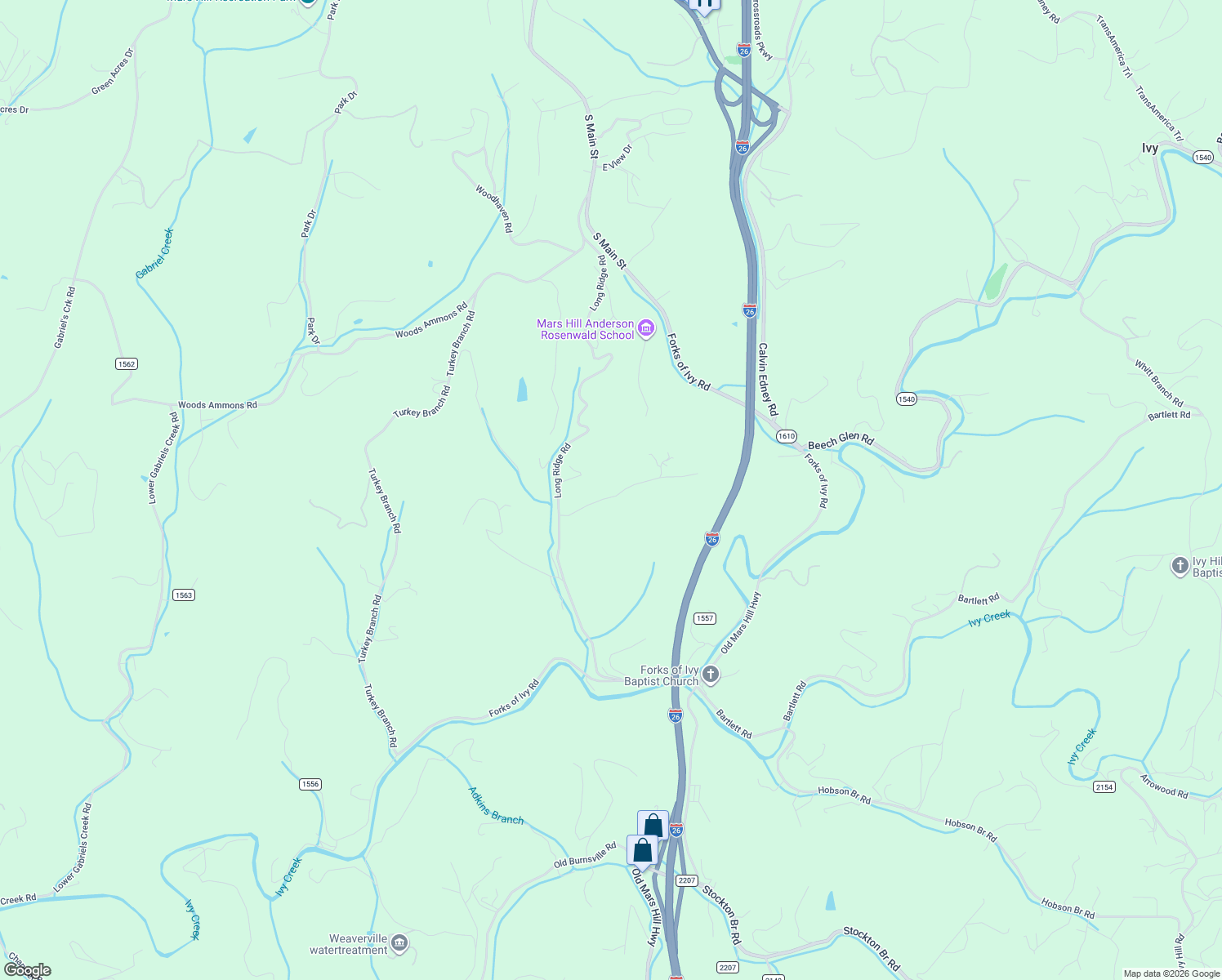 map of restaurants, bars, coffee shops, grocery stores, and more near 165 Flint Morgan Road in Mars Hill