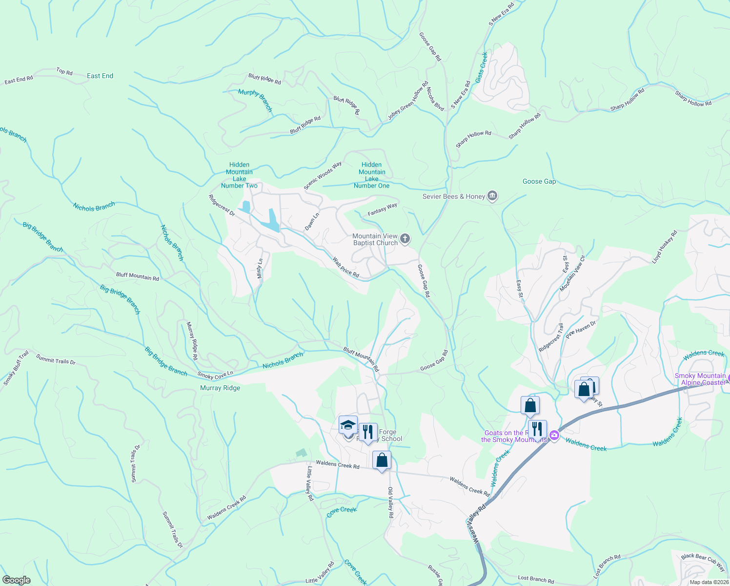 map of restaurants, bars, coffee shops, grocery stores, and more near 1514 Ridgecrest Drive in Pigeon Forge